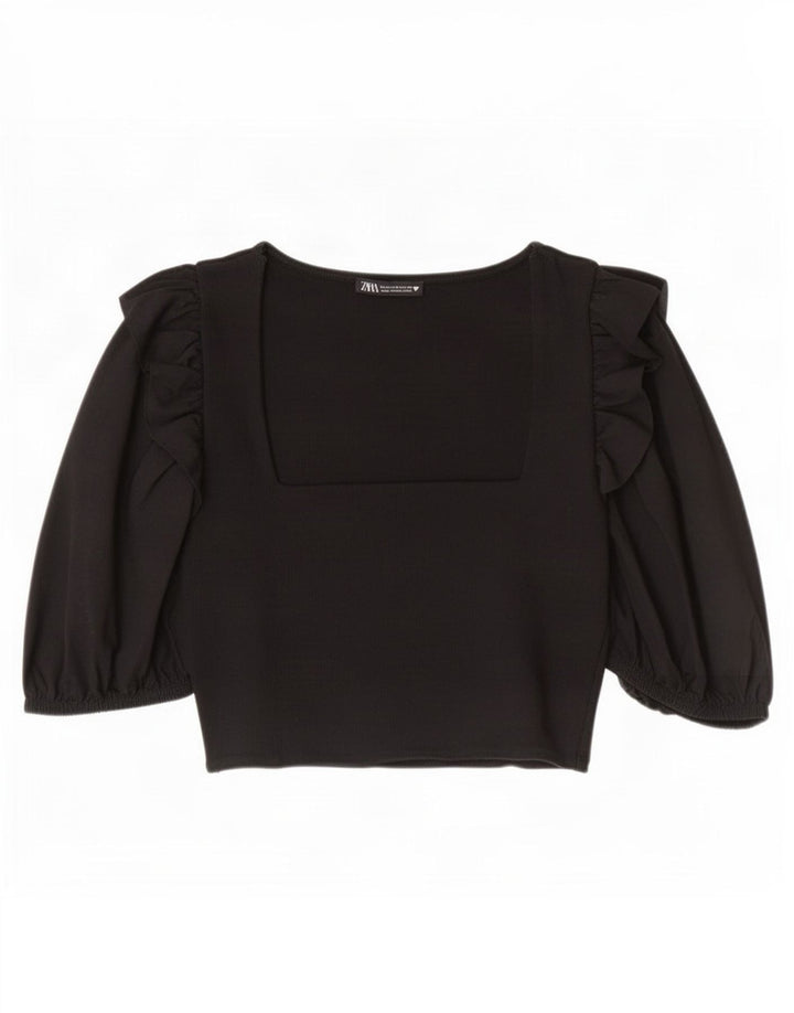 Zara Top feminino manga 3/4 UK 12 algodão preto médio
