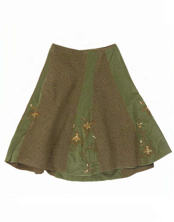 Saia feminina Monsoon A-Line UK 10 pequena W30 verde floral
