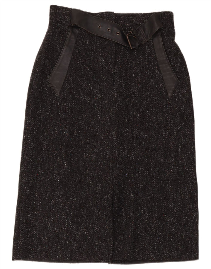 Próximo Saia midi feminina UK 14 médio W32 lã merino preta manchada