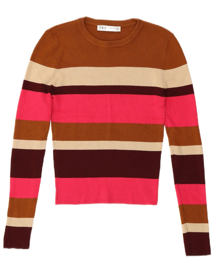Suéter feminino Zara com gola redonda e listras multicoloridas UK 14