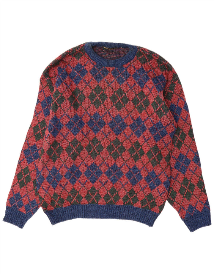 Suéter vintage masculino com gola redonda médio vermelho Argyle/Diamante