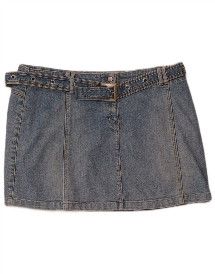 Saia jeans feminina de cintura baixa RIVER ISLAND Reino Unido 14 grande W34 algodão azul