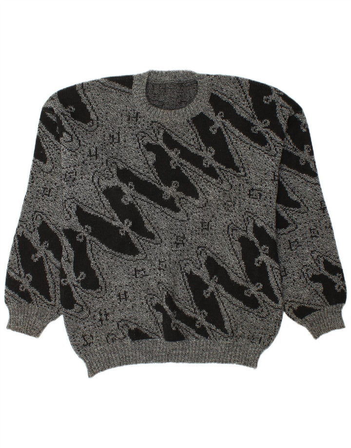 Suéter vintage masculino com gola redonda grande cinza geométrico