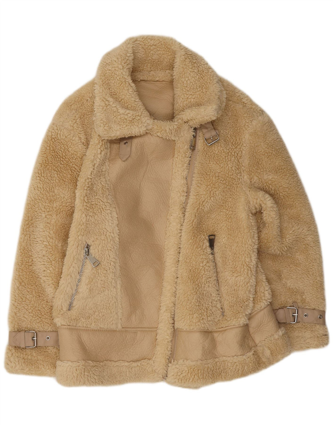 Jaqueta Sherpa Vintage Feminina UK 14 Poliéster Bege Médio
