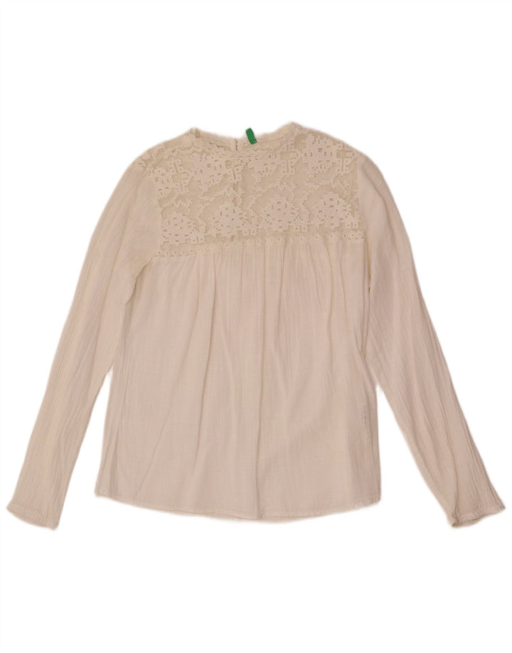 Blusa feminina de manga comprida Benetton UK 10 algodão branco pequeno
