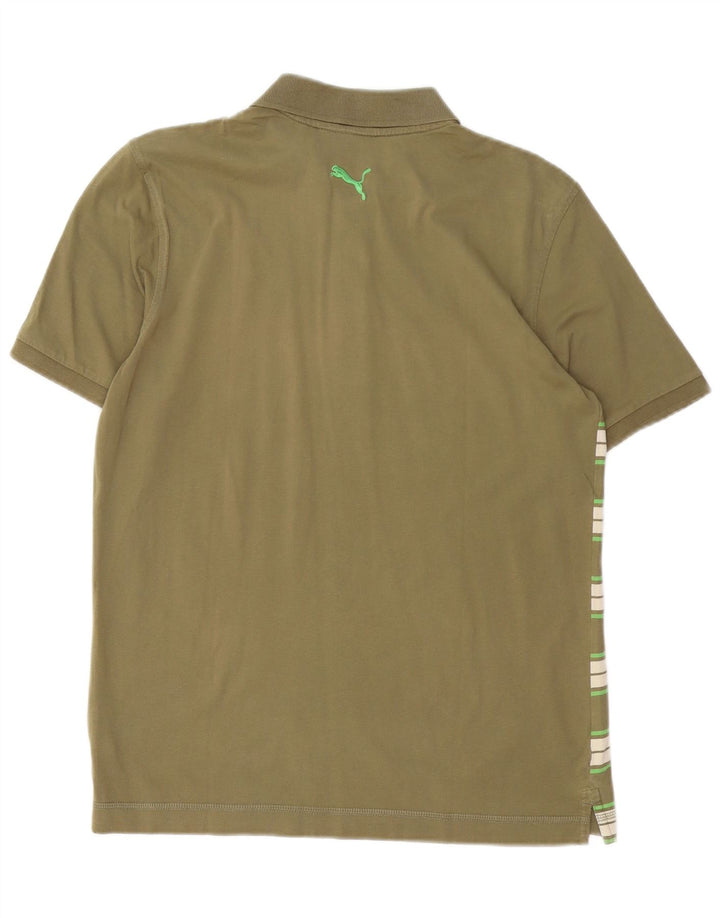 Camisa polo masculina Puma Graphic pequena listrada cáqui de algodão