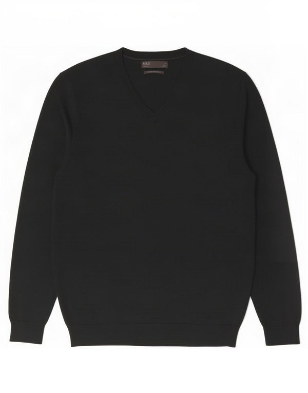 Suéter masculino Marks & Spencer com decote em V, lã merino verde médio
