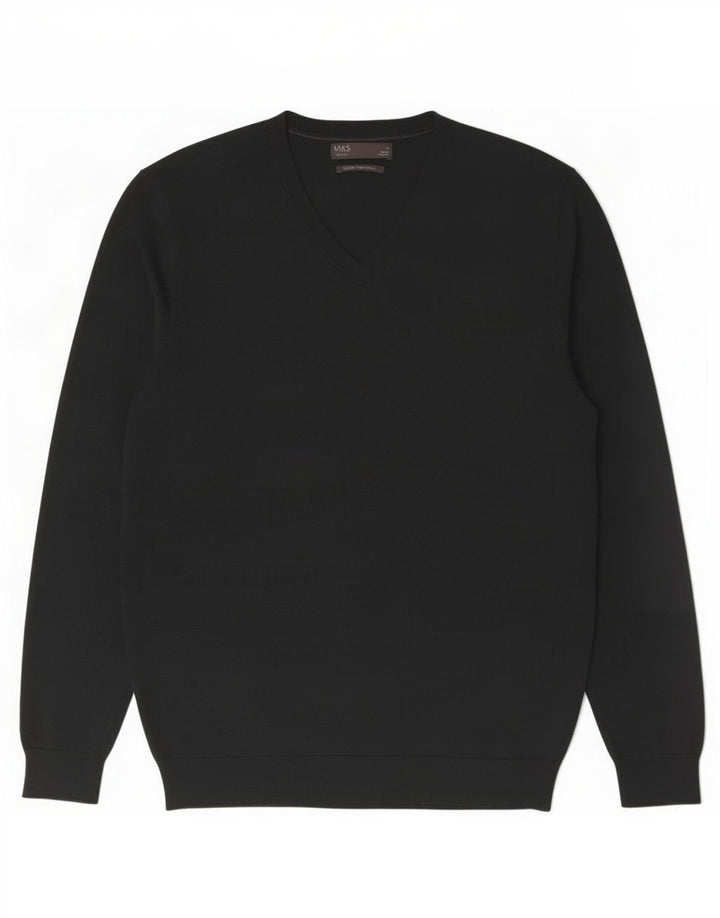 Suéter masculino Marks & Spencer com decote em V, lã merino verde médio