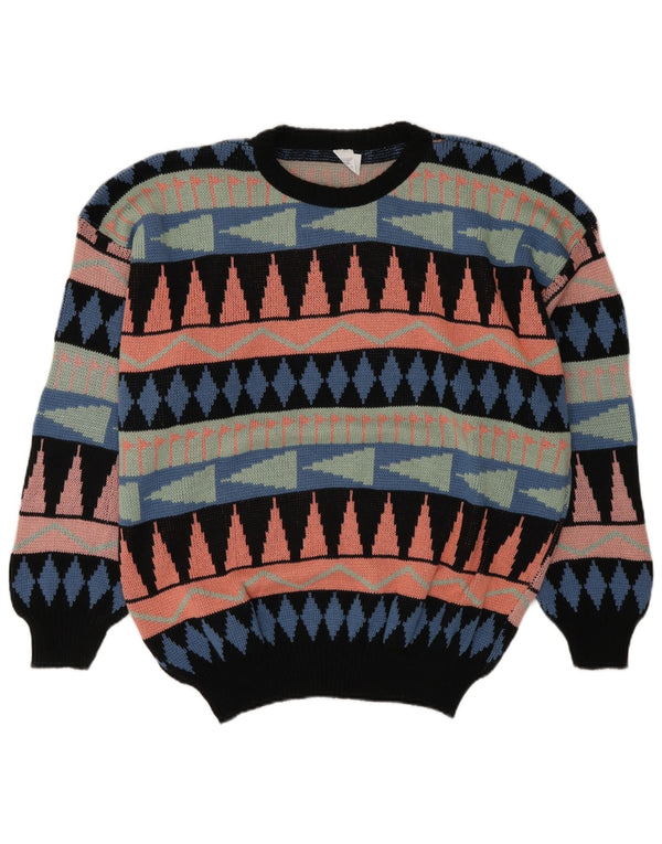Suéter vintage masculino com gola redonda, grande acrílico geométrico multicolorido
