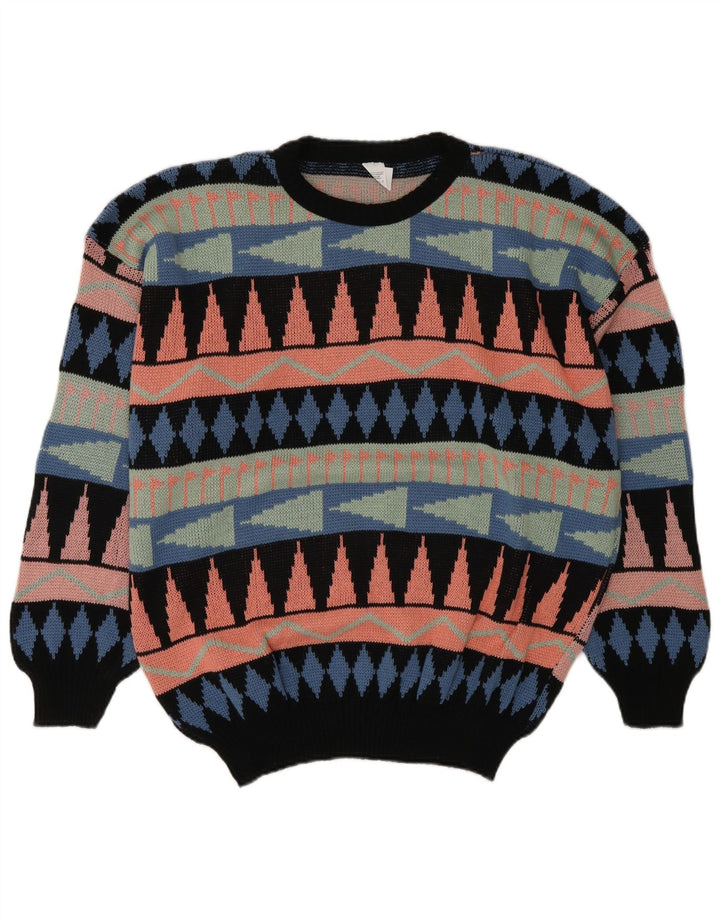 Suéter vintage masculino com gola redonda, grande acrílico geométrico multicolorido