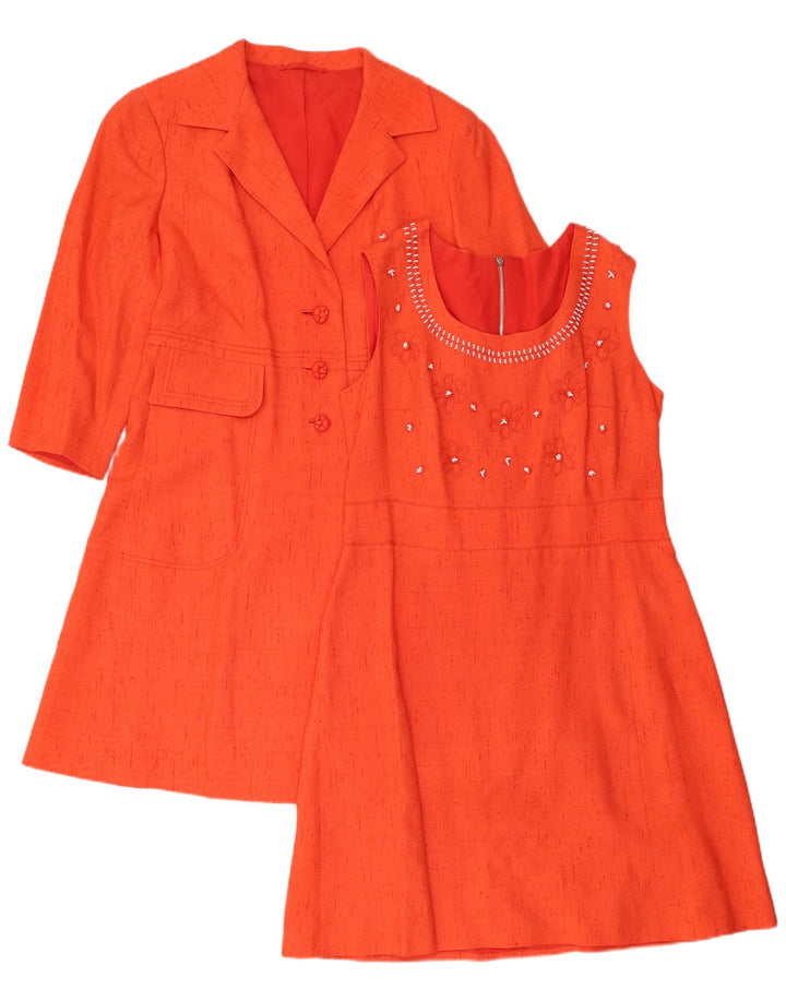 Conjunto feminino vintage com 3 botões e 2 peças Reino Unido 12 seda laranja média