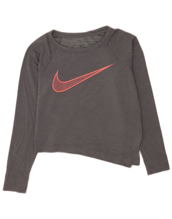 Top gráfico feminino Nike manga comprida UK 8 pequeno cinza viscose esportivo