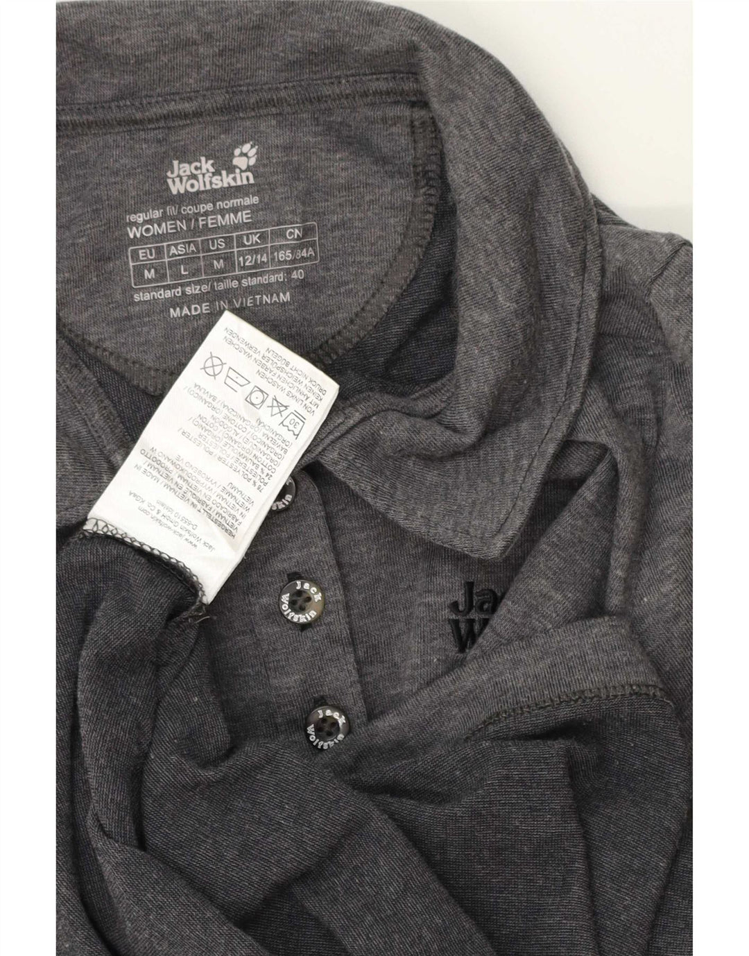 Camisa polo feminina Jack Wolfskin Reino Unido 12/14 poliéster manchado cinza médio