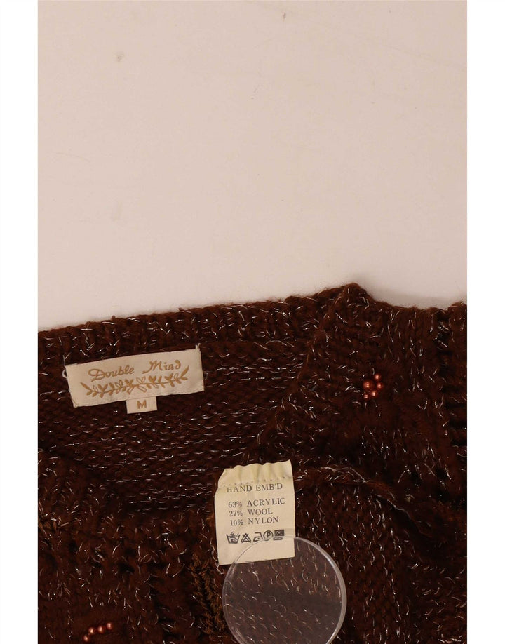 Suéter feminino vintage com gola redonda UK 14 patchwork marrom médio