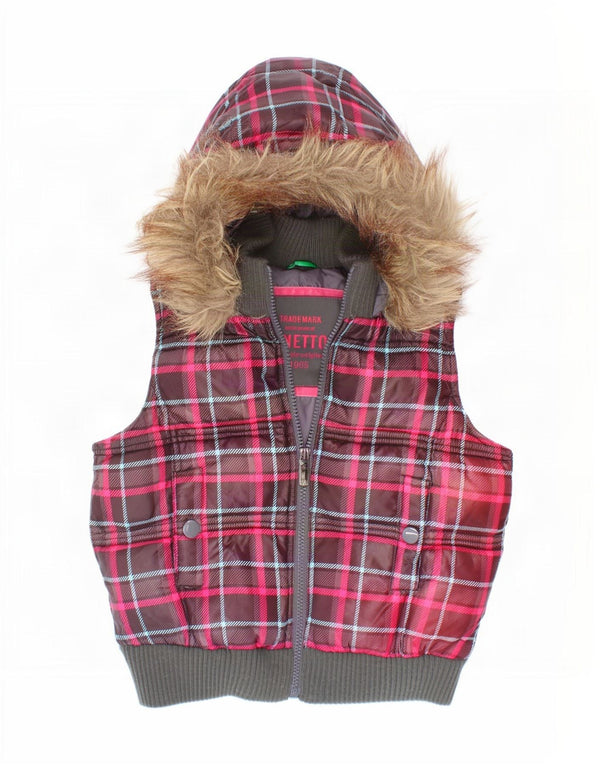 Colete acolchoado com capuz para meninas Benetton 7-8 anos pequeno xadrez vermelho