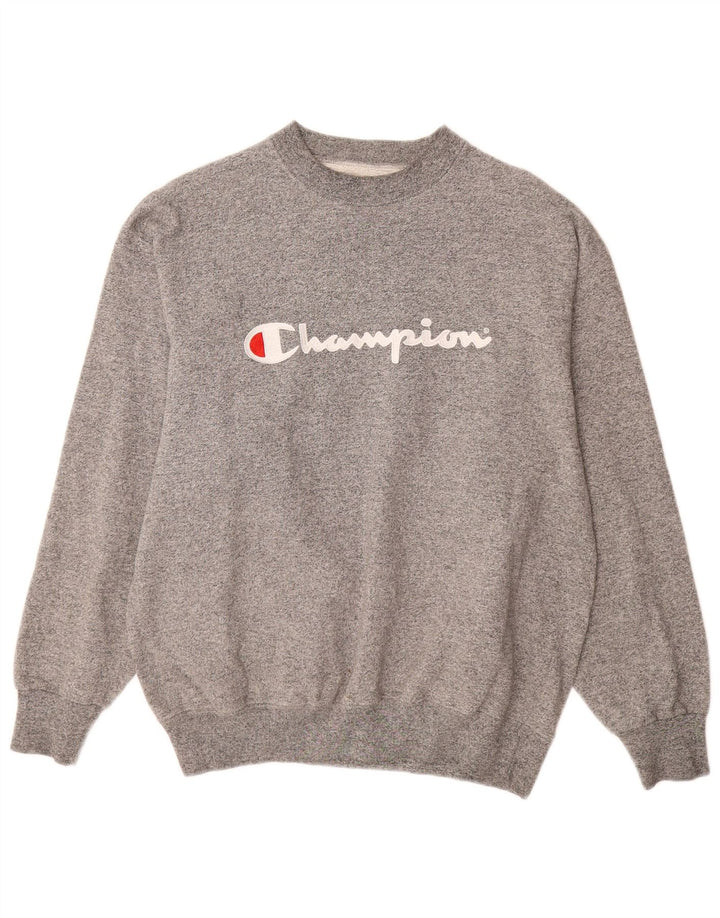 Champion moletom gráfico masculino jumper médio cinza algodão manchado