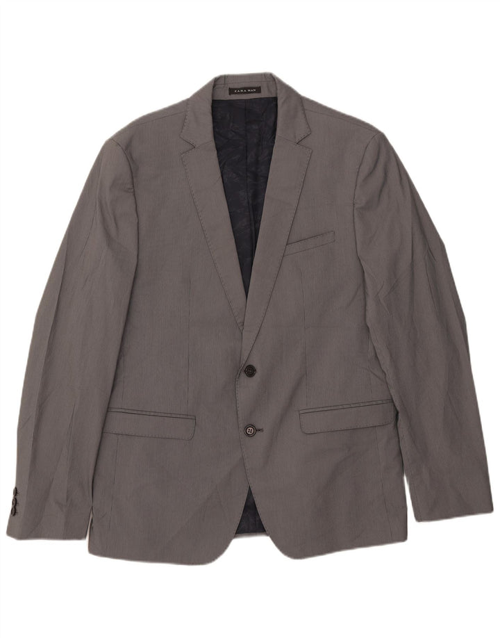 Jaqueta blazer masculina Zara com 2 botões EU 54 XL cinza risca de giz poliéster