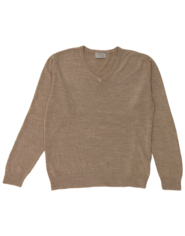 Marks & Spencer Mens Regular Fit V-Neck Jumper Sweater Large Beige Acrylic