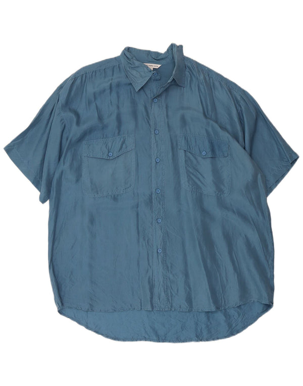 Camisa masculina vintage de manga curta grande seda azul