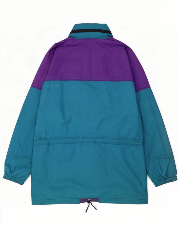 Capa de chuva masculina vintage com capuz e ajuste solto Reino Unido 36 pequeno bloco colorido azul nylon