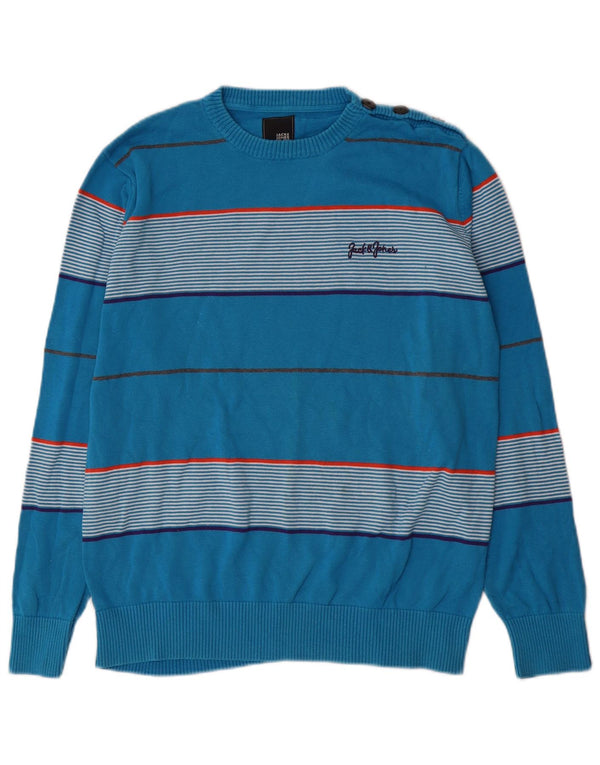 Suéter masculino Jack & Jones com gola redonda, grande algodão listrado azul