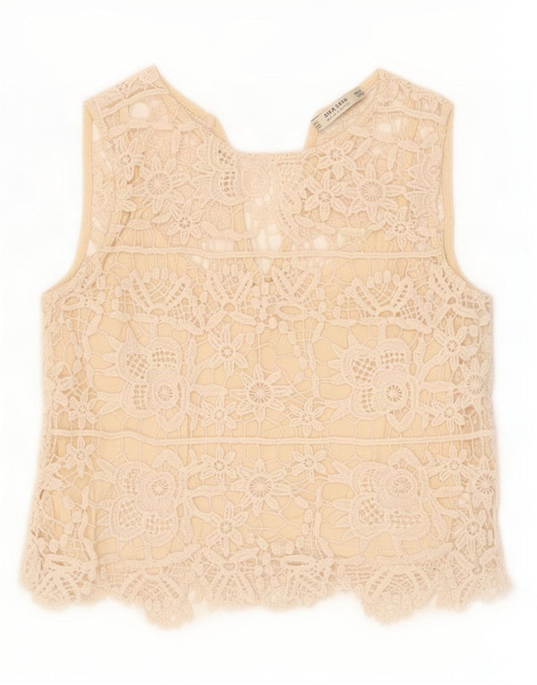 Blusa feminina de renda sem mangas Zara UK 4 XS bege floral algodão