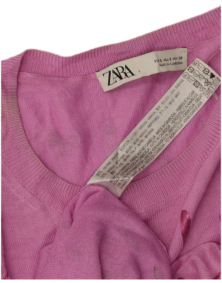 Zara Suéter feminino com estampa abstrata e gola canoa Reino Unido 10 pequeno rosa