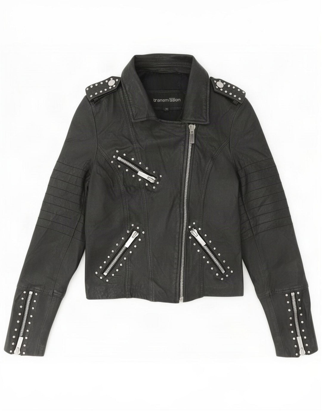 Transmission Womens Leather Biker Jacket UK 12 Medium Black