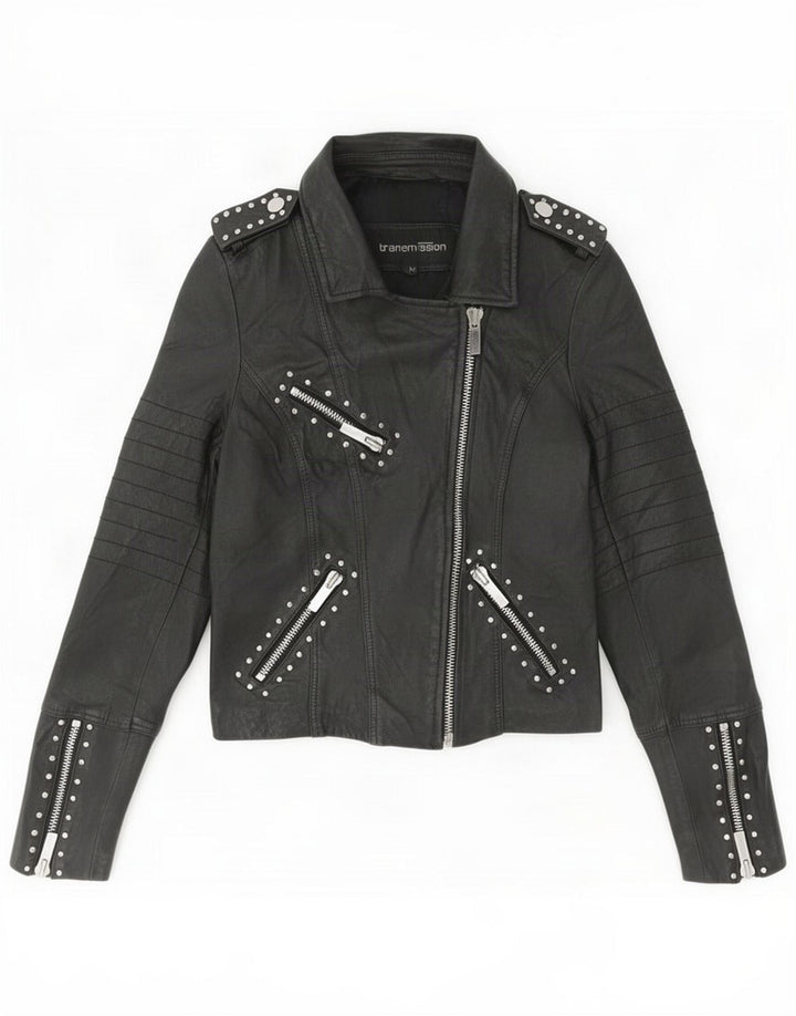 Transmission Womens Leather Biker Jacket UK 12 Medium Black