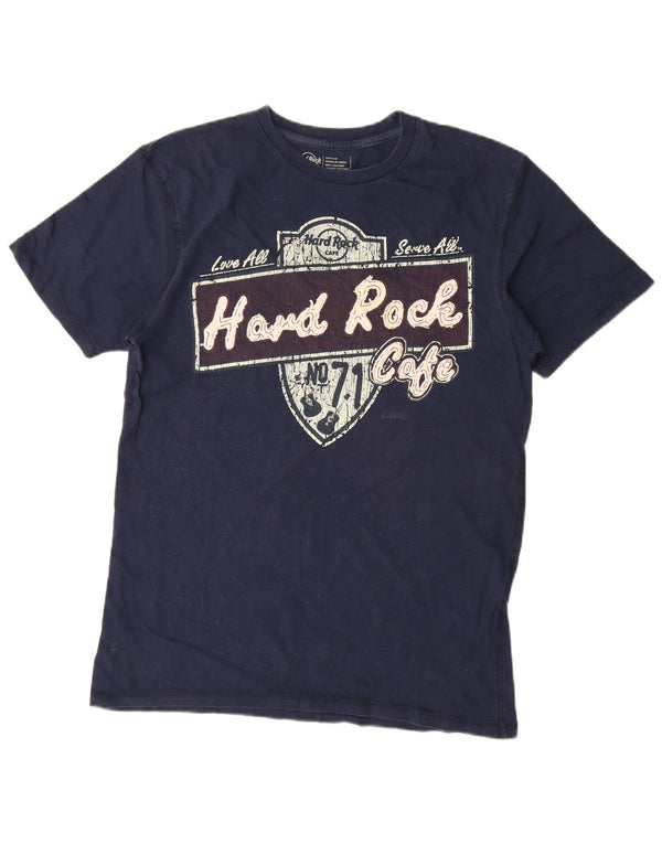 Camiseta gráfica masculina Hard Rock Cafe Top médio algodão azul marinho