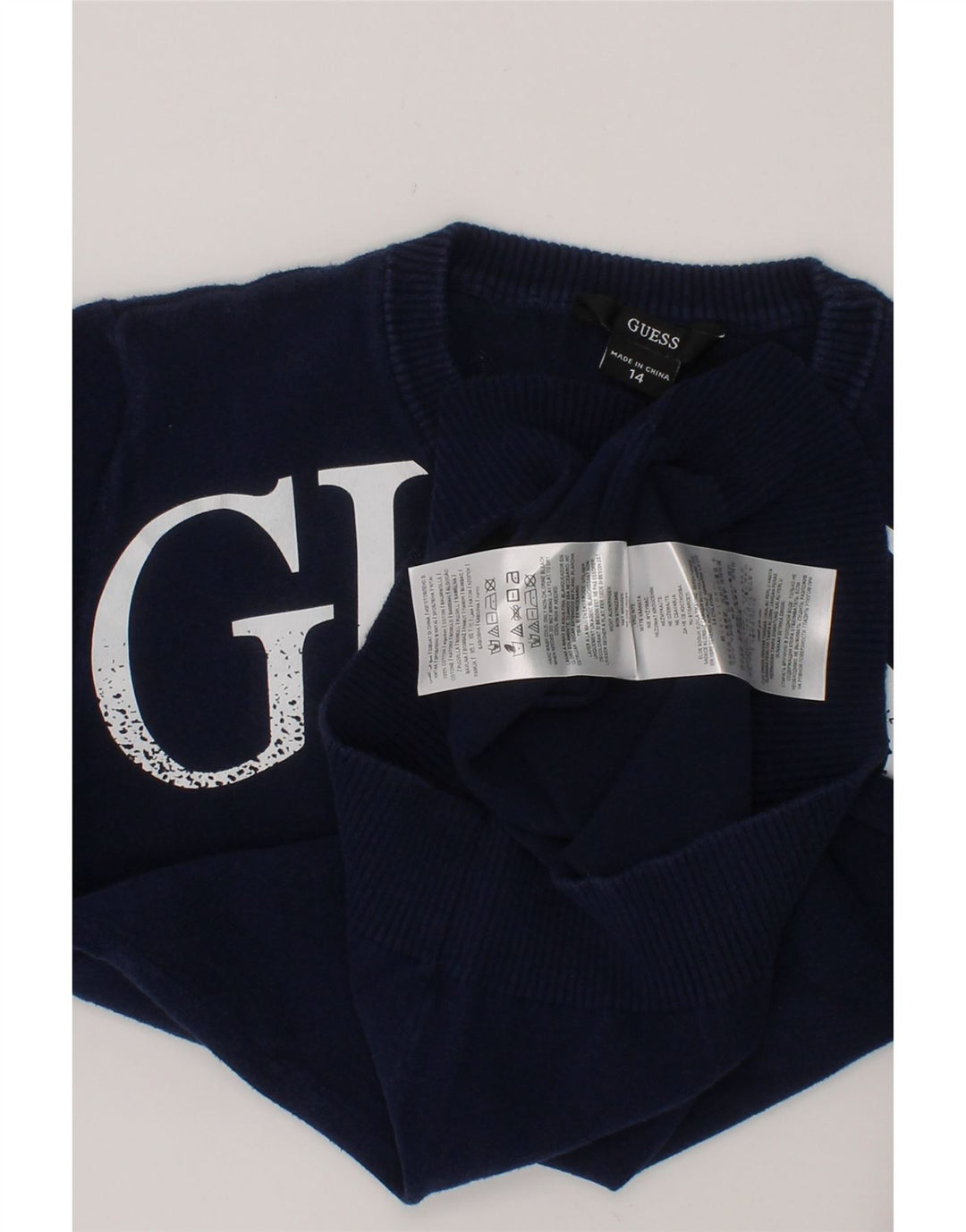 GUESS Boys Graphic Crew Neck Jumper Sweater 13-14 Years Navy Blue Cotton Vintage Guess and Second-Hand Guess from Messina Hembry 