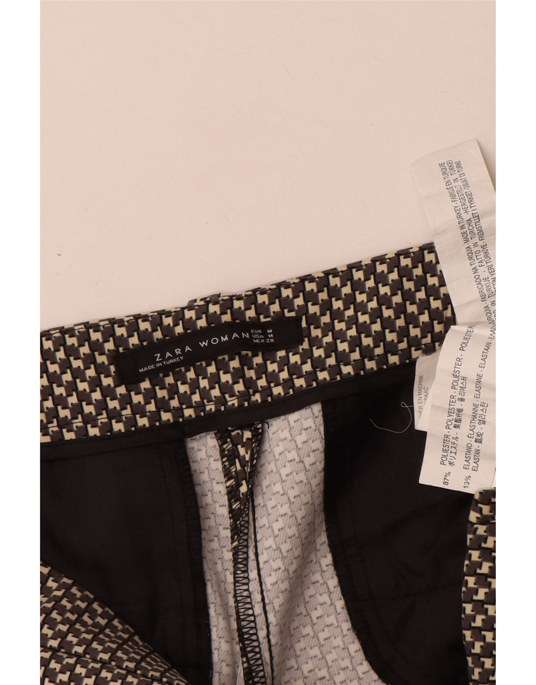 Calça feminina casual slim Zara médio W28 L29 poliéster geométrico cinza