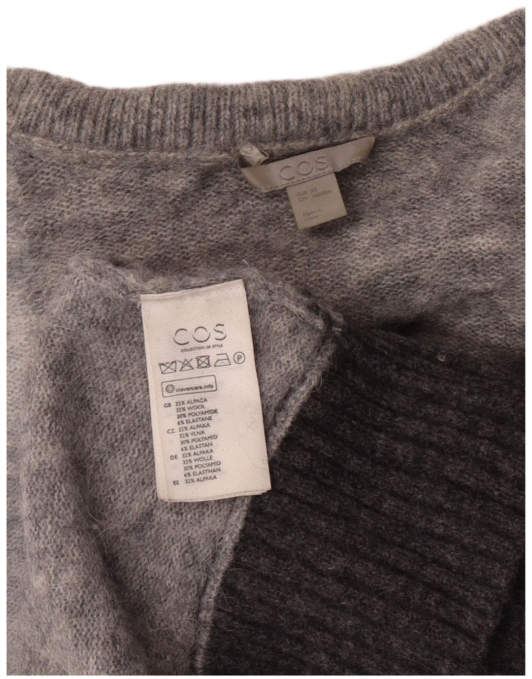 Suéter feminino Cos com gola redonda UK 6 XS cinza colorblock lã de alpaca