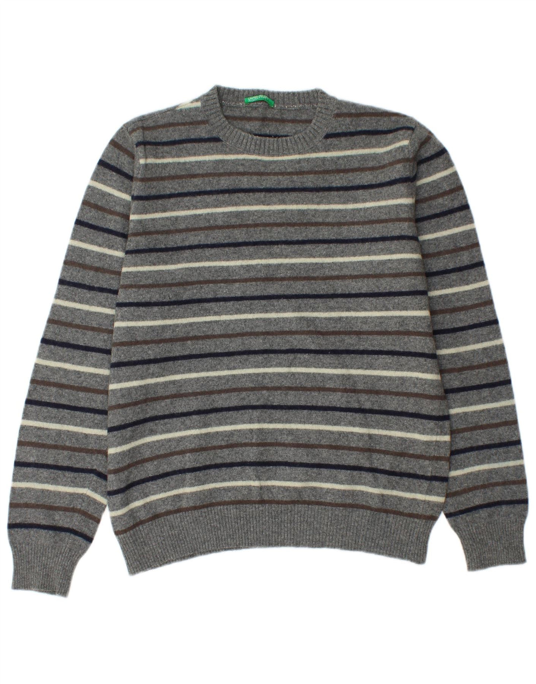 Suéter masculino Benetton com gola redonda listrado cinza médio