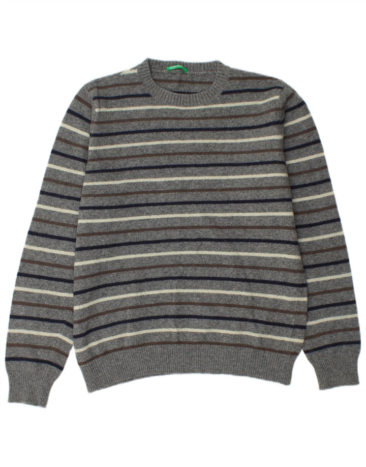 Suéter masculino Benetton com gola redonda listrado cinza médio