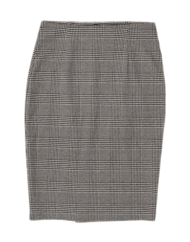 Saia lápis feminina Marks & Spencer Reino Unido 8 pequena W28 poliéster xadrez cinza