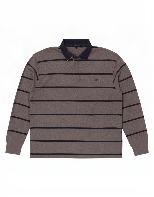 Camisa polo masculina de rugby de manga comprida Gant XL cinza listrado algodão