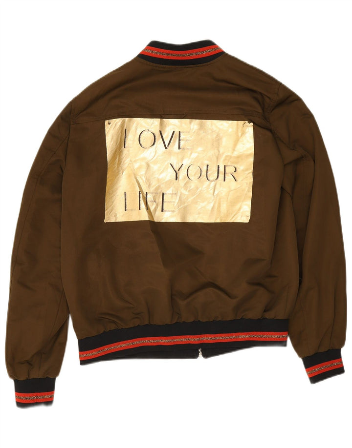 Zara Womens Graphic Bomber Jacket UK 14 Medium Khaki listrado