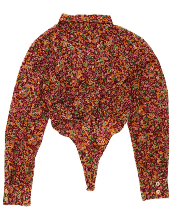 Body feminino vintage de manga comprida UK 12 médio floral multicolorido