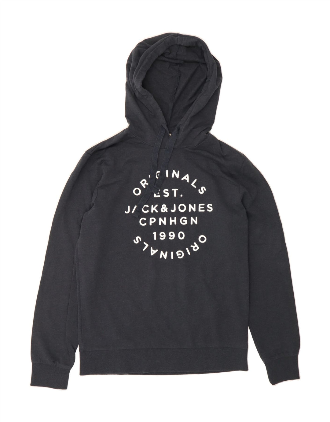 JACK & JONES Mens Graphic Hoodie Jumper Medium Navy Blue Cotton Vintage Jack & Jones and Second-Hand Jack & Jones from Messina Hembry 