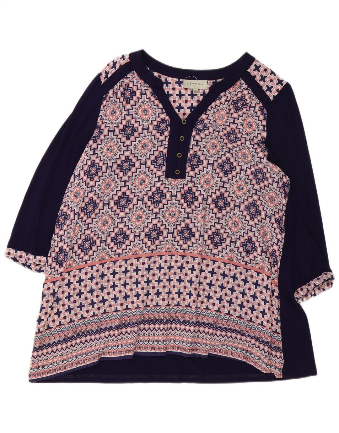 Blusa feminina Marks & Spencer manga 3/4 Reino Unido 14 grande azul geométrica
