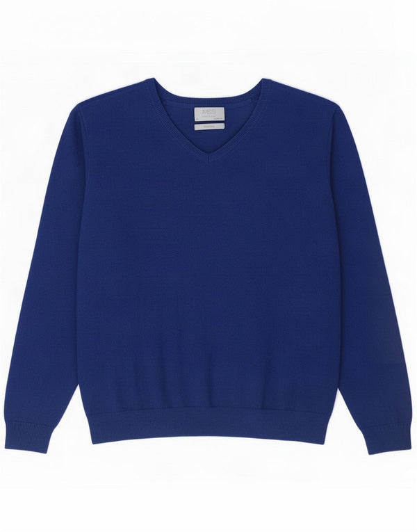 Suéter masculino Marks & Spencer com ajuste regular e decote em V de algodão azul médio