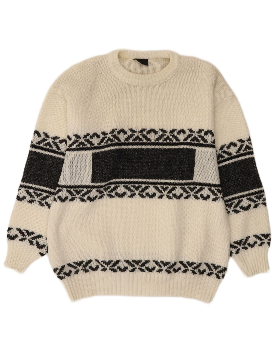 Suéter vintage masculino com gola redonda, médio, branco, Fair Isle