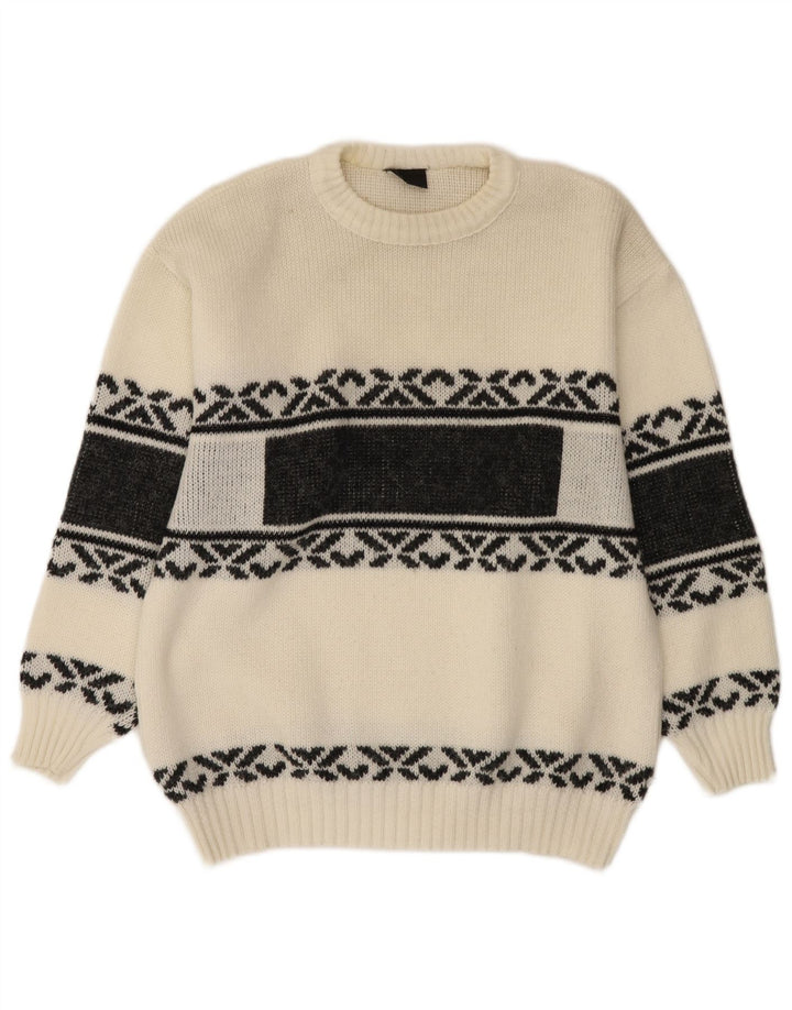 Suéter vintage masculino com gola redonda, médio, branco, Fair Isle
