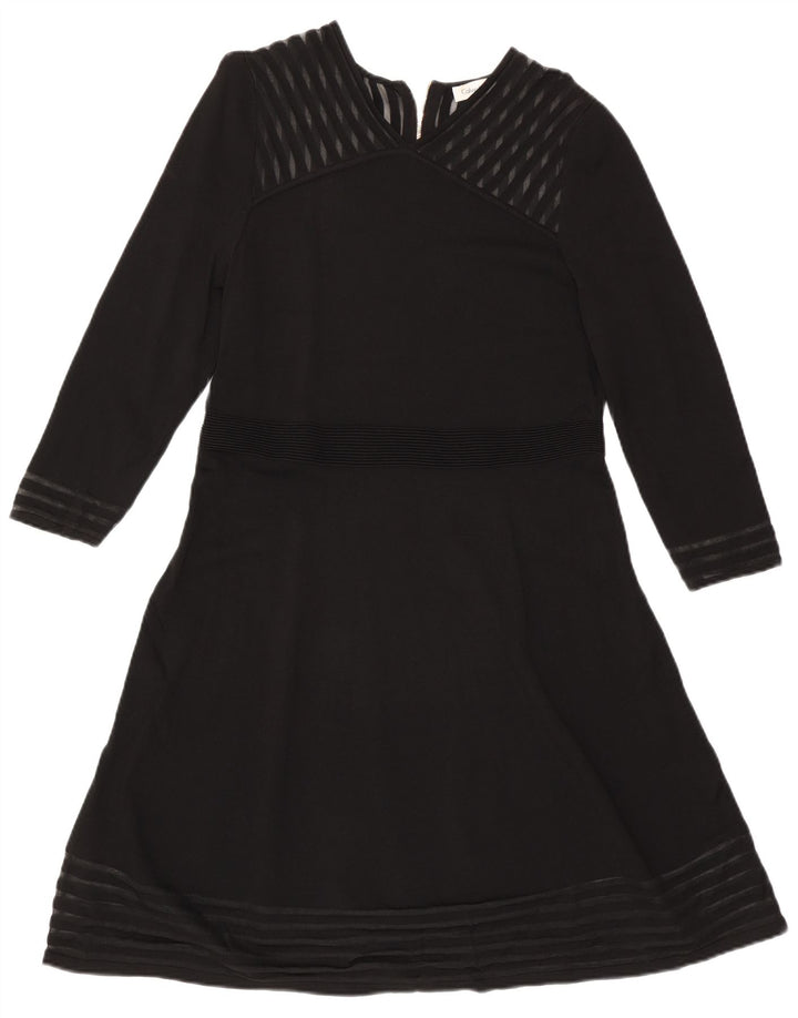 Vestido feminino CALVIN KLEIN manga comprida evasê UK 18 XL preto listrado rayon