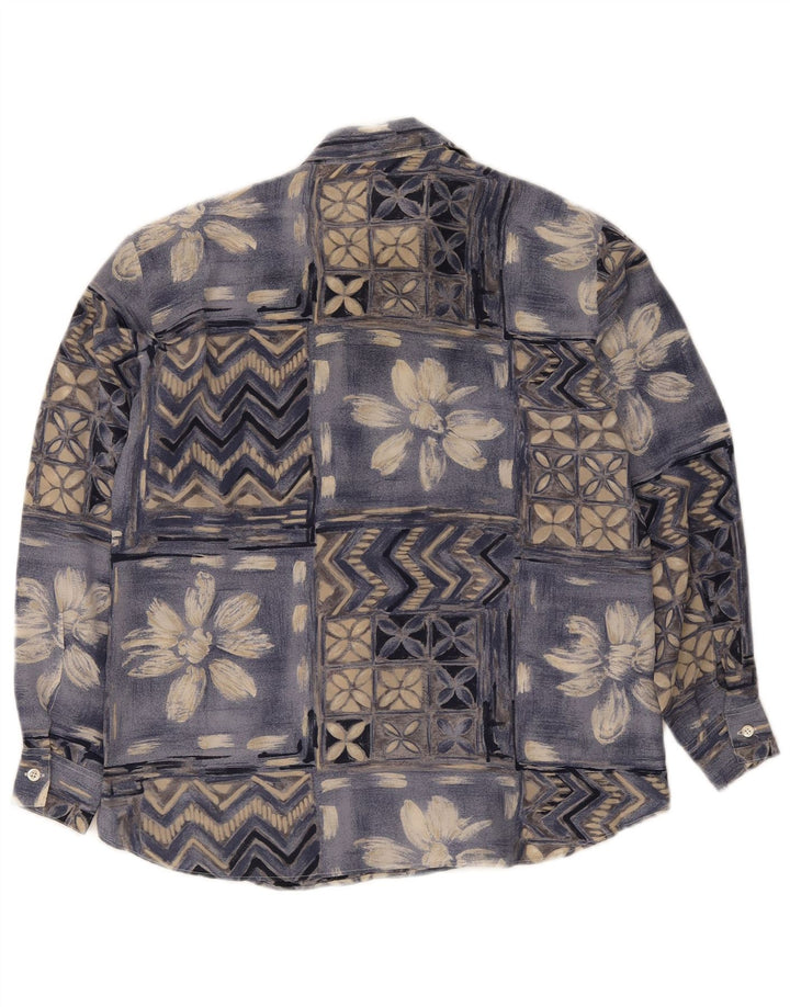 Camisa feminina vintage blusa IT 42 seda patchwork azul médio