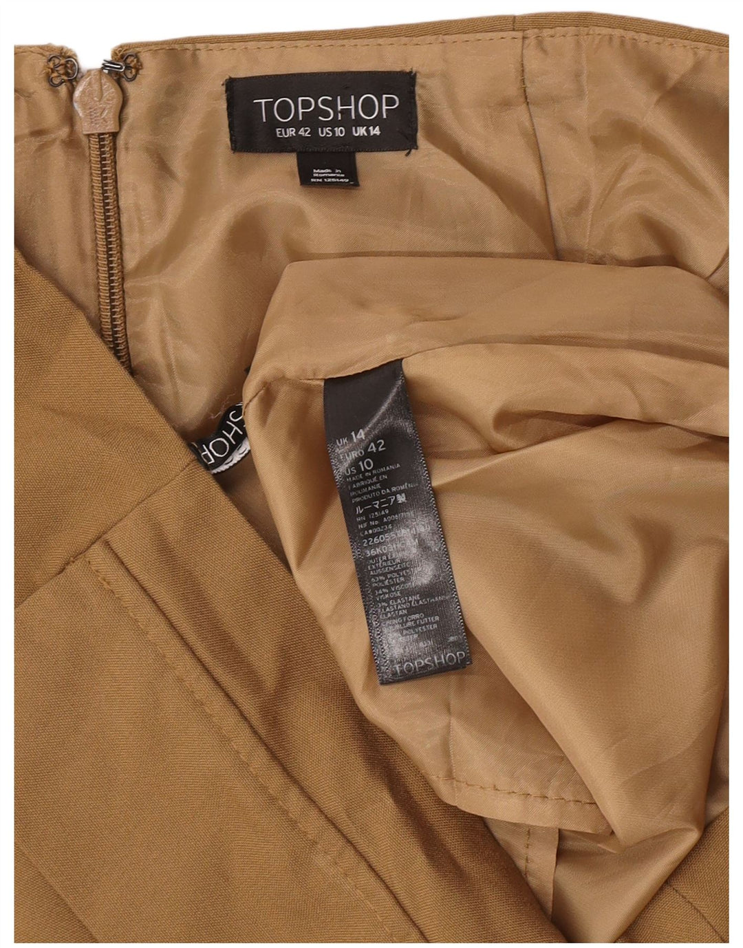 Mini saia feminina Topshop Reino Unido 14 grande W32 cáqui poliéster