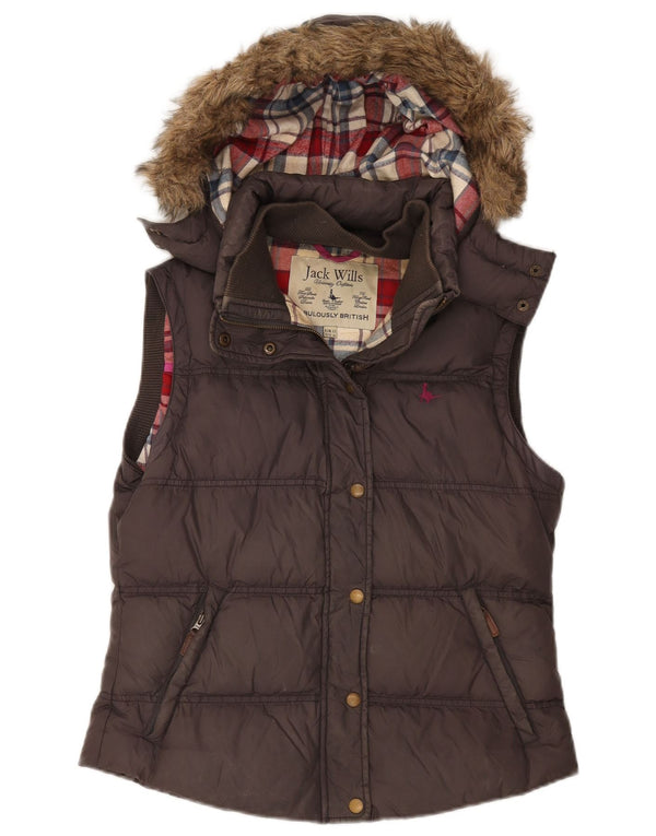 JACK WILLS Colete acolchoado com capuz feminino UK 12 nylon marrom médio