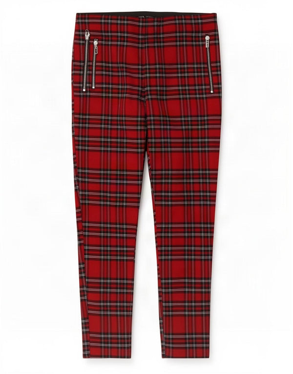 Zara Calça skinny casual feminina XL W32 L27 vermelha xadrez viscose