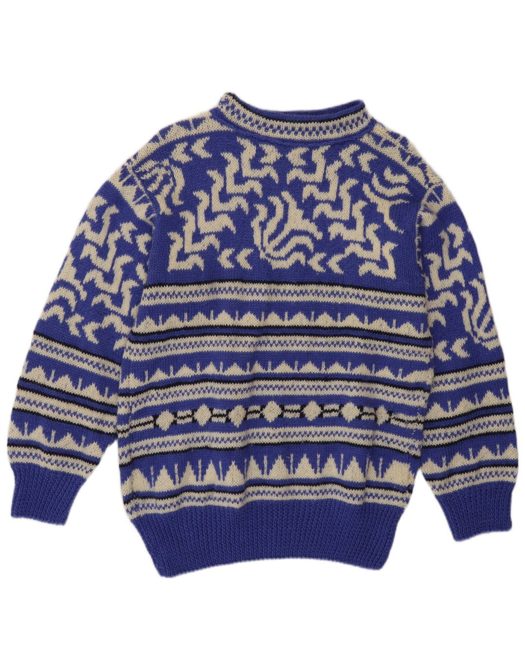 Suéter vintage masculino com gola tartaruga, azul médio geométrico